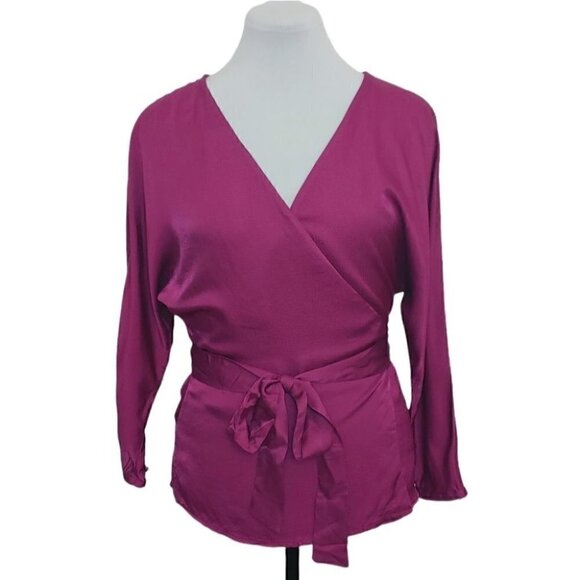 NWT MANGO Purple/fuschia satin wrap batwing crop sleeves blouse - Picture 3 of 15